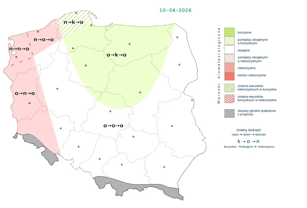 Warunki w piątek przeważnie będą obojętne, a z czasem najlepsze wystąpią w północnych rejonach kraju mapa Polski z oznaczeniem obszarów korzystnych i niekorzystnych pod względem warunków biometeorologicznych na dzień 10 kwietnia 2026; północno-wschodnia część kraju wyróżniona kolorem zielonym jako korzystna, zachodnia i północno-zachodnia część zaznac...