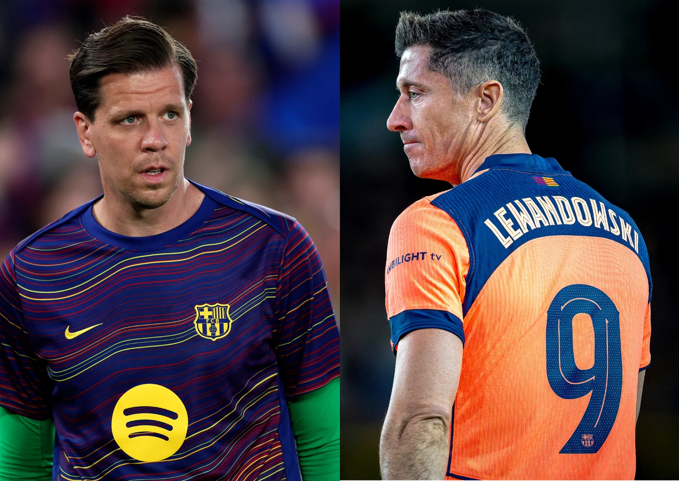 Wojciech Szczęsny i Robert Lewandowski Dwóch piłkarzy na tle stadionu; po lewej zawodnik w fioletowej koszulce treningowej FC Barcelony z logo Spotify, po prawej piłkarz w pomarańczowej koszulce z numerem 9 i napisem „Lewandowski” na plecach.