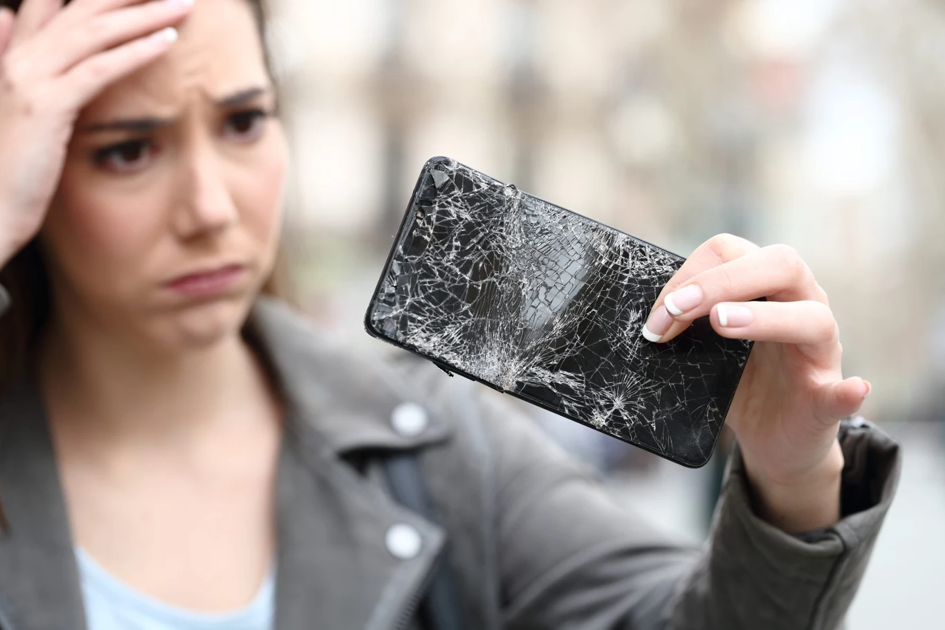 Gwarancja na ekran telefonu. Kiedy nie trzeba płacić za naprawę? Kobieta trzymająca telefon ze zbitym ekranem, widoczna uszkodzona szybka urządzenia.