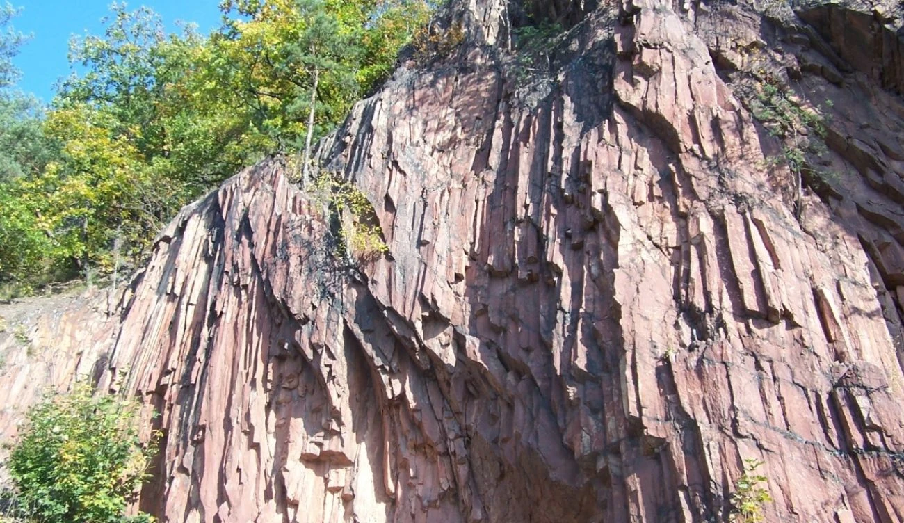 Organy Wielisławskie powstały w wyniku aktywności wulkanicznej sprzed 270 mln lat Stroma ściana Organów Wielisławskich z pionowymi kolumnami i pęknięciami, porośnięta u góry roślinnością