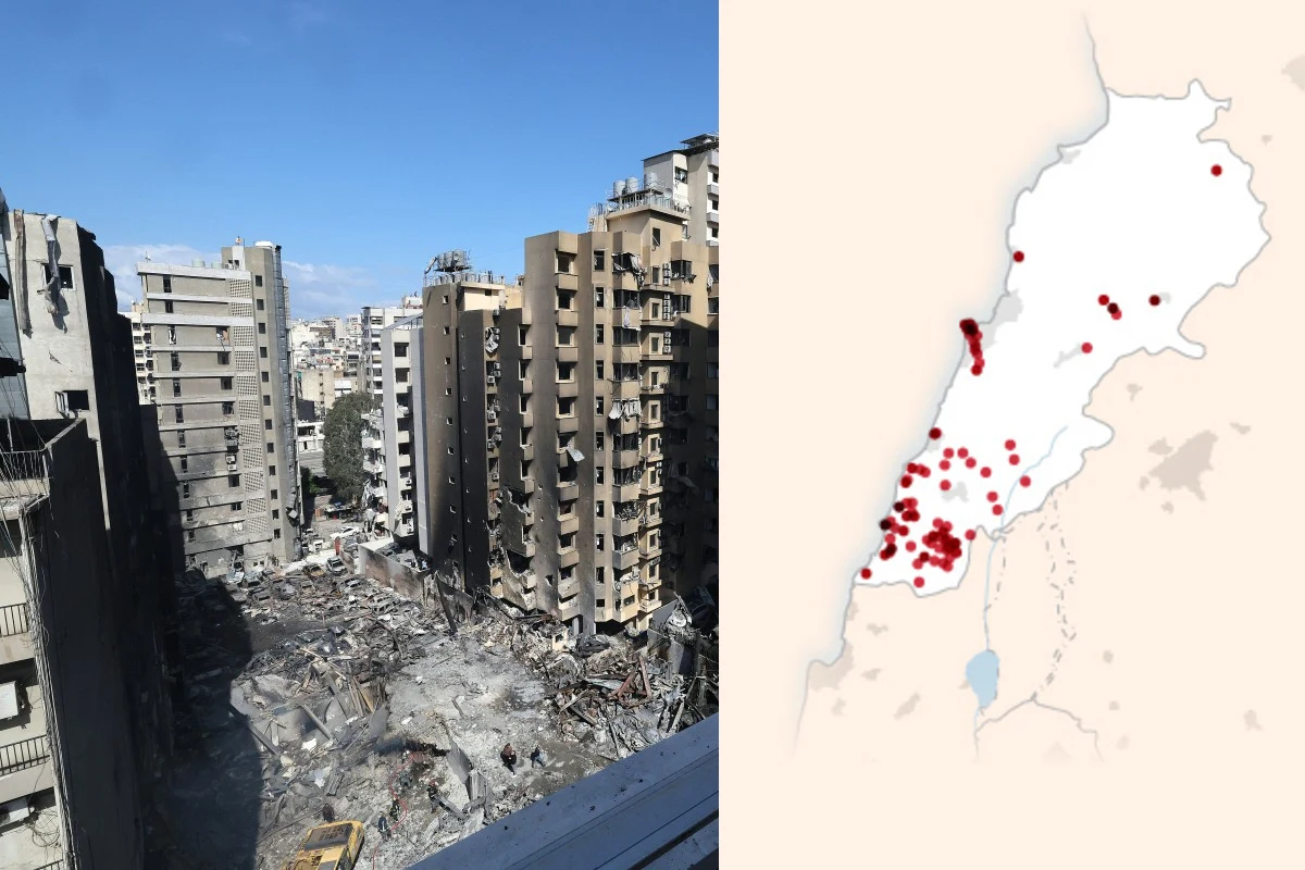 Liban został zaatakowany przez Izrael mimo zawieszenia broni z Iranem Zniszczone budynki i gruz w centrum Bejrutu po lewej, mapa Libanu z czerwonymi punktami po prawej