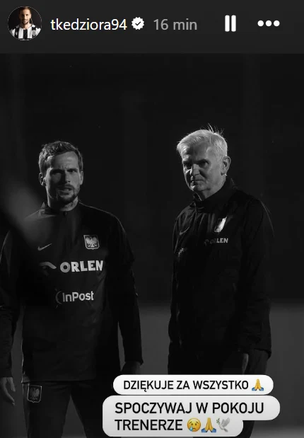 Dwóch mężczyzn w sportowych dresach z logo Orlen i InPost, stojących obok siebie na ciemnym tle, z poważnymi wyrazami twarzy; na dole napis z podziękowaniami oraz wyrazami żalu i szacunku dla trenera.