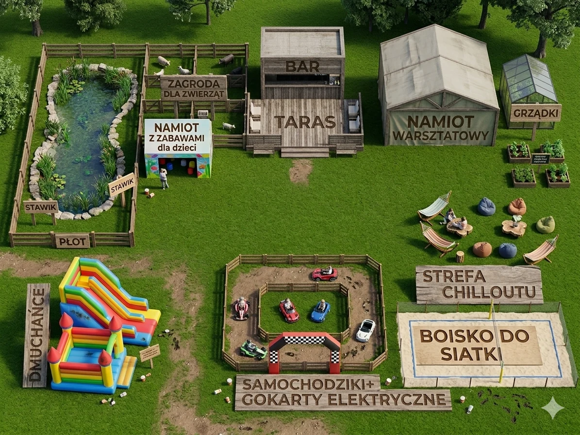 po lewej stronie kolorowe dmuchańce, pośrodku ogrodzony wybieg z samochodzikami i gokartami elektrycznymi, obok namiot z zabawami dla dzieci i zagroda dla zwierząt, dalej bar z tarasem, z prawej namiot warsztatowy oraz grządki, na pierwszym planie bois...