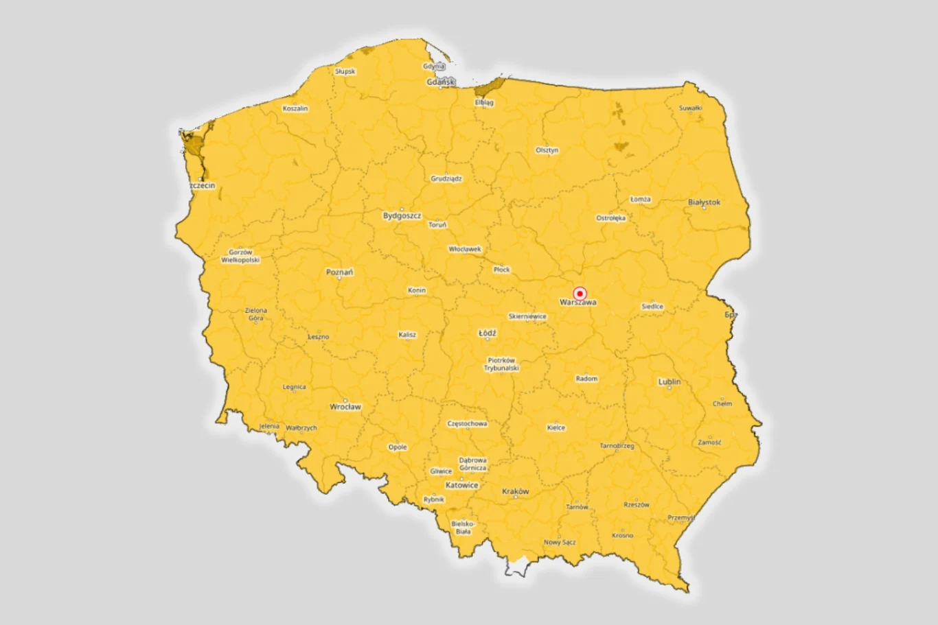 mapa Polski z zaznaczonymi granicami województw, nazwami większych miast oraz wyraźnie wyróżnionym miastem Wrocław w centrum kraju