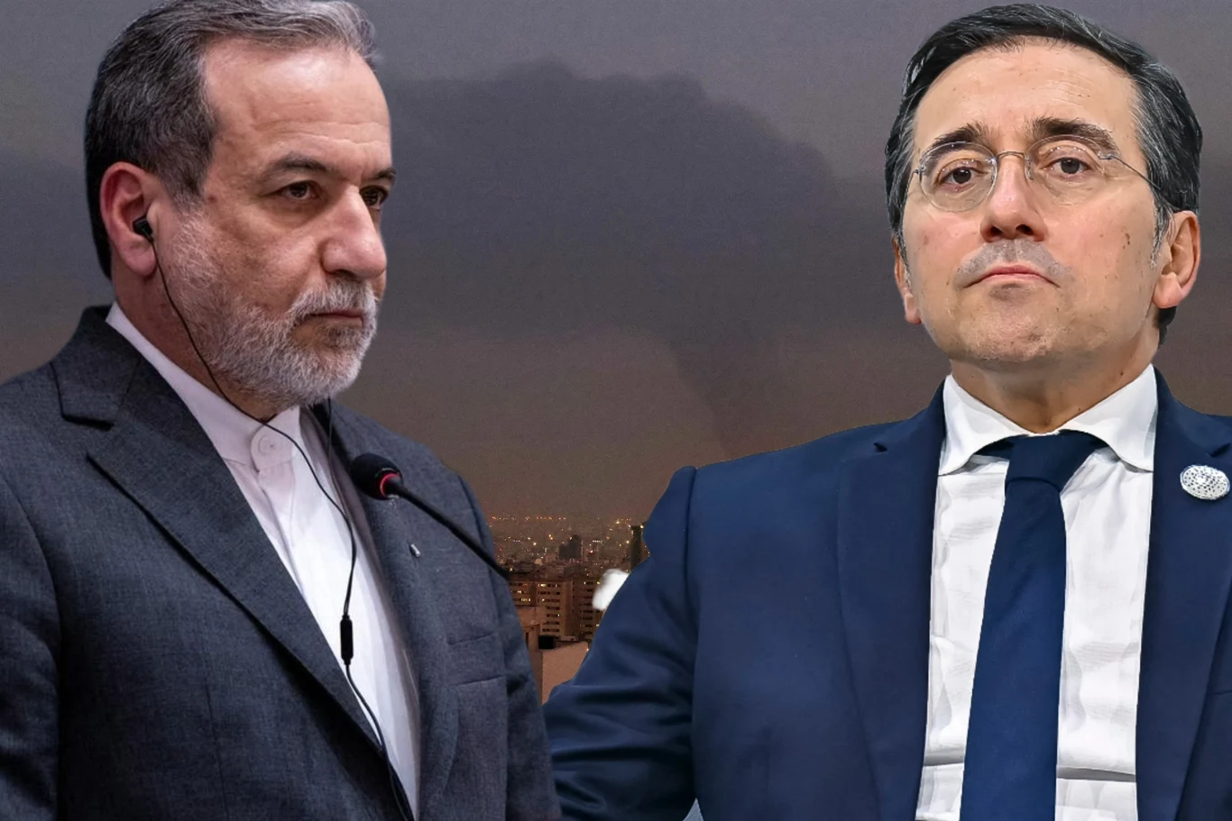 Iran wyraził wdzięczność wobec Hiszpanii (zdj. ilustracyjne) Abbas Aragczi i Jose Manuel Albares obaj w białych koszulach i marynarkach na tle kadru z wybuchami w Iranie.