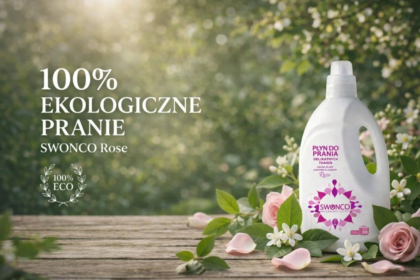 Butelka ekologicznego płynu do prania SWONCO Rose ustawiona na drewnianym stole wśród róż i zielonych liści, na tle rozmytego, słonecznego ogrodu, obok napisu podkreślającego 100% ekologiczne pranie.