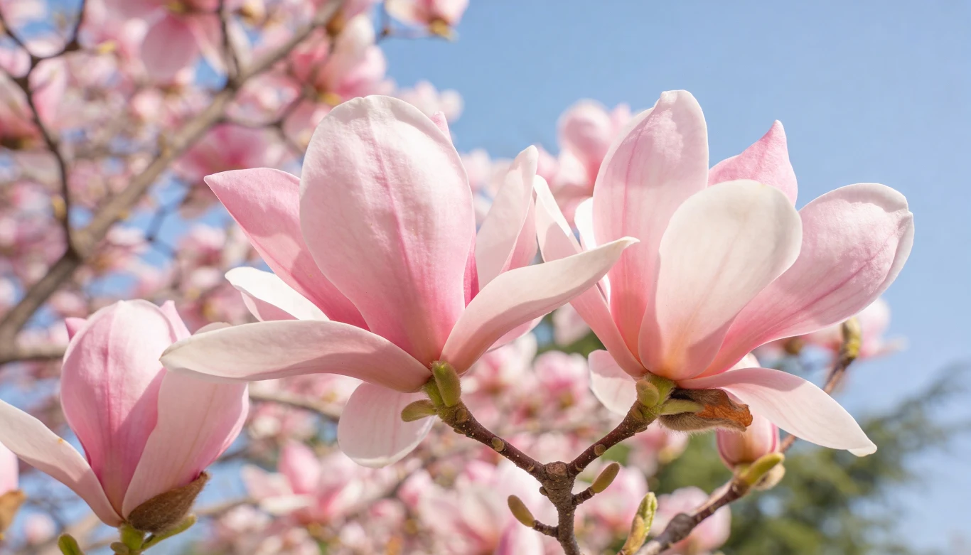 Nawożenie jest ważne w kontekście długości i obfitości kwitnienia magnolii. Różowe kwiaty magnolii w pełnym rozkwicie na tle błękitnego nieba, delikatnie oświetlone promieniami słońca.