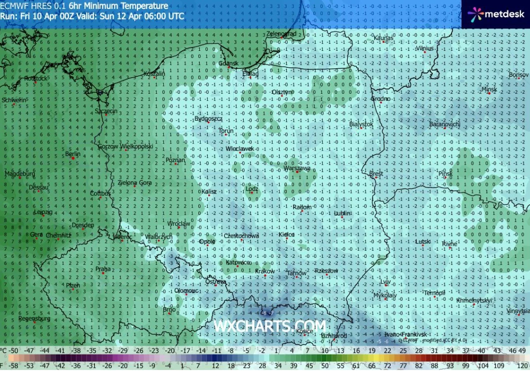 mapa Polski z prognozowanymi minimalnymi temperaturami wskazującymi wartości od około -2°C do 4°C, z wyraźnym zróżnicowaniem termicznym między rejonami zachodnimi i wschodnimi oraz czytelną legendą kolorystyczną w dolnej części umożliwiającą interpreta...