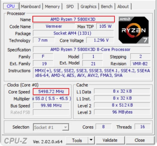 CPU-Z / zdj. poglądowe okno programu CPU-Z prezentujące procesor AMD Ryzen 7 5800X3D z maksymalną prędkością rdzenia 5498,72 MHz, taktowaniem mnożnika x55 i napięciem 1,296 V, widoczne szczegółowe dane techniczne procesora oraz jego specyfikacja cache