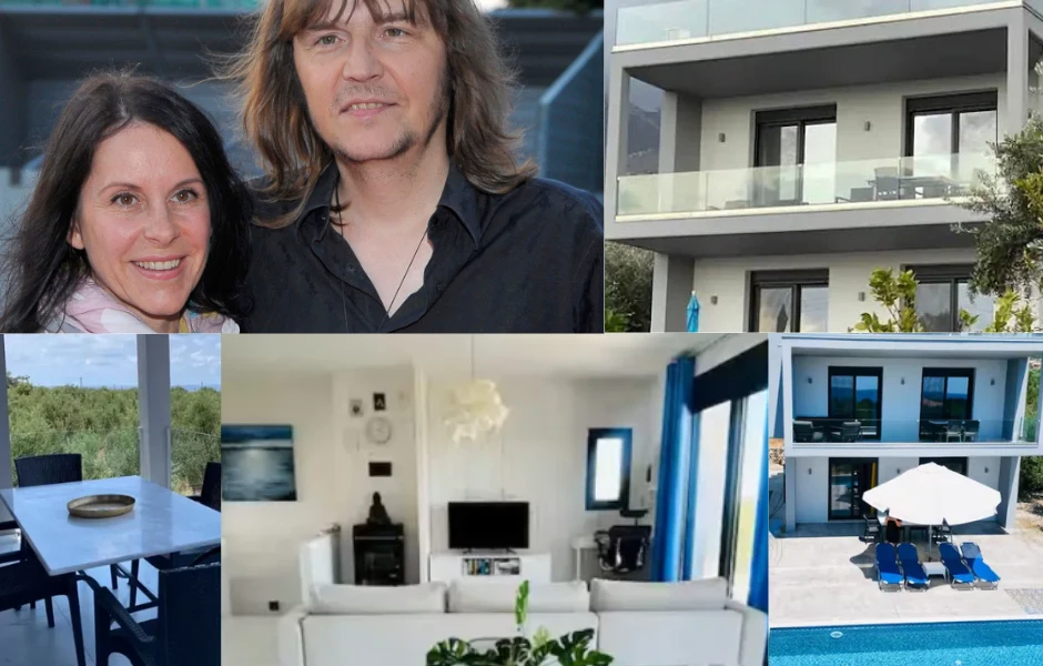 Gawliński dorobił się willi wartej fortuny. Posiadłość w Grecji można wynająć, ale mało kogo na to stać kolaż przedstawiający uśmiechniętą parę, nowoczesny, dwupiętrowy budynek z przestronnym balkonem, jasne wnętrze salonu z białymi meblami oraz taras z leżakami przy dużym basenie