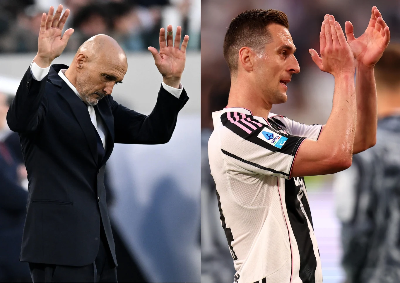 Luciano Spalletti i Arkadiusz Milik Luciano Spalletti w garniturze z uniesionymi dłońmi oraz Arkadiusz Milik w biało-czarnej koszulce klaskający