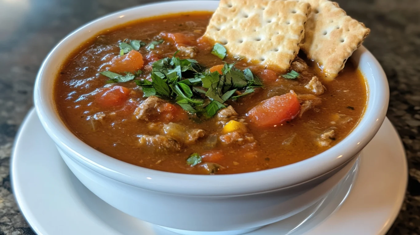 Zupa hamburgerowa zawiera wiele sycących składników Miska zupy hamburgerowej z wołowiną, warzywami i natką pietruszki, obok dwa słone krakersy.