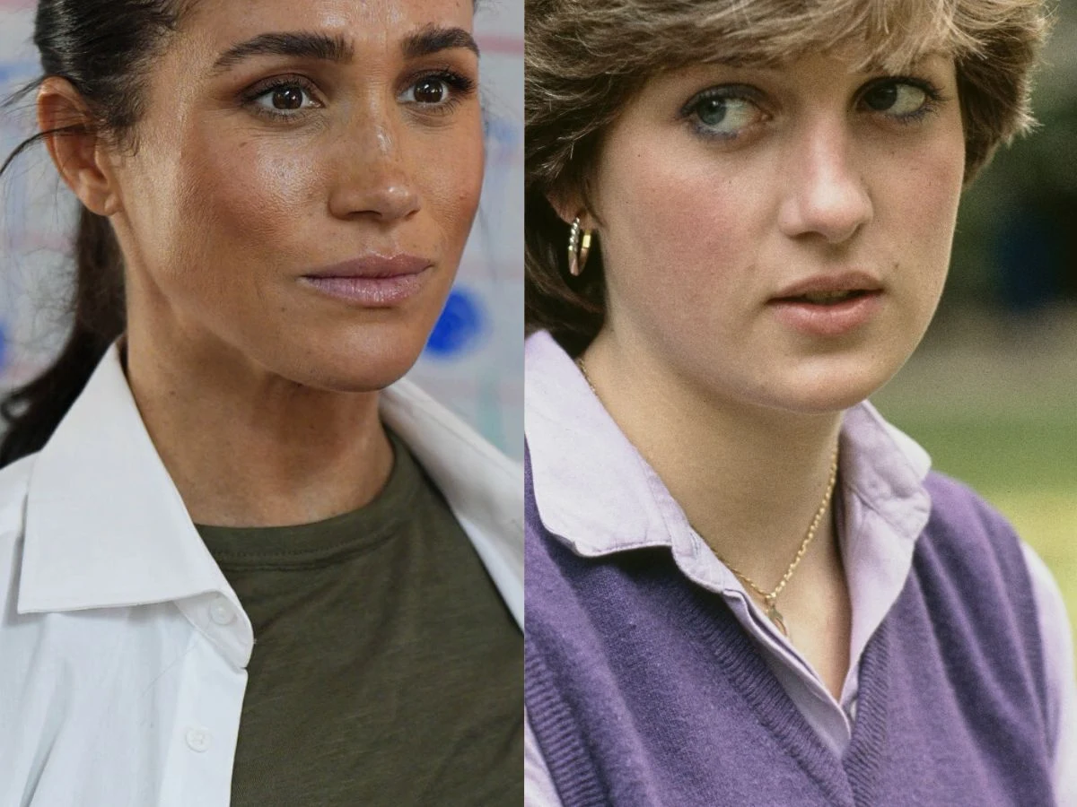 Meghan Markle, księżna Diana Portrety Meghan Markle i księżnej Diany - dwie kobiety obok siebie, każda w innym stroju i fryzurze.