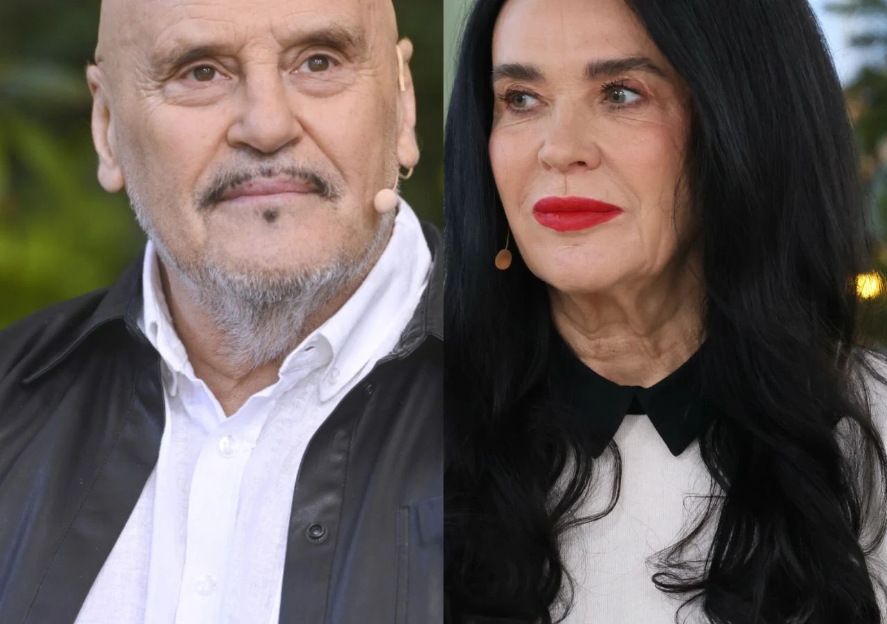 Marian Lichtman i Ewa Krawczyk Marian Lichtman i Ewa Krawczyk. Oboje z mikrofonami przy twarzach, w eleganckich strojach.