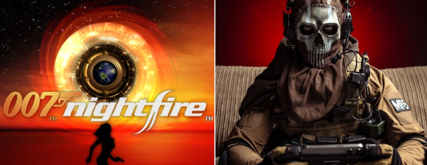 Sensacyjne kulisy powstania serii Call of Duty Logo 007 Nightfire obok postaci żołnierza z maską czaszki na czerwonym tle, trzymającego pada do gry.