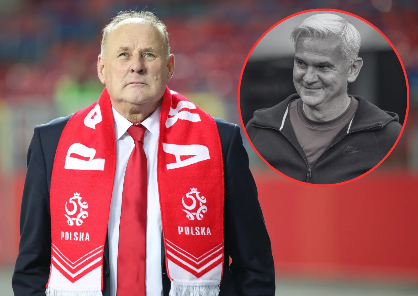 Jan Tomaszewski załamany po śmierci Jacka Magiery Jan Tomaszewski w garniturze i czerwonym szaliku „POLSKA” na stadionie; obok portret Jacka Magiery w bluzie sportowej.