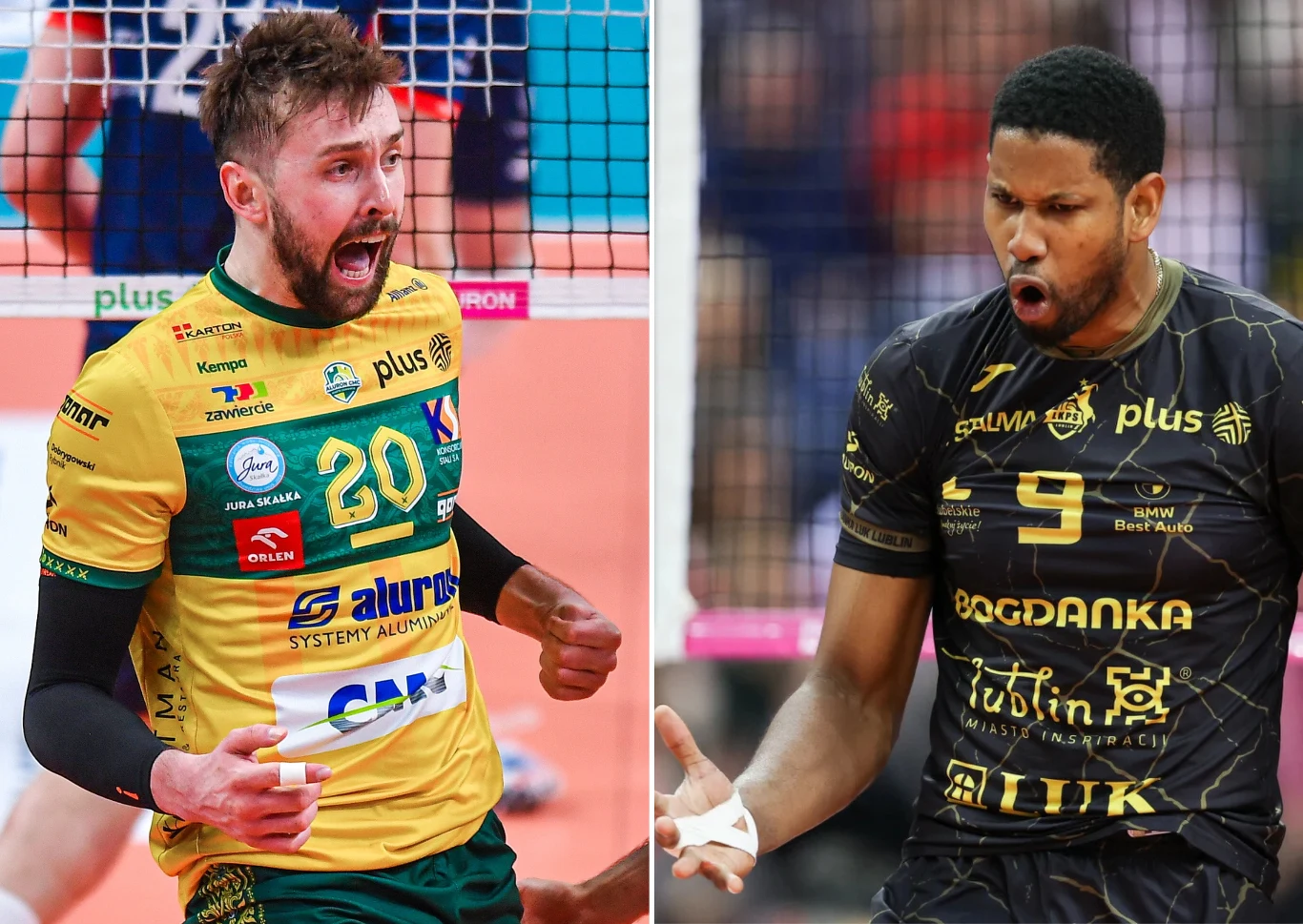 Walka o mistrzostwo Polski zapowiada się wyśmienicie. Mateusz Bieniek i Wilfredo Leon mogą się spotkać w finale, ale droga do tego starcia będzie trudna Mateusz Bieniek w żółto-zielonym i Wilfredo Leon w czarno-złotym stroju podczas meczu na boisku siatkarskim.