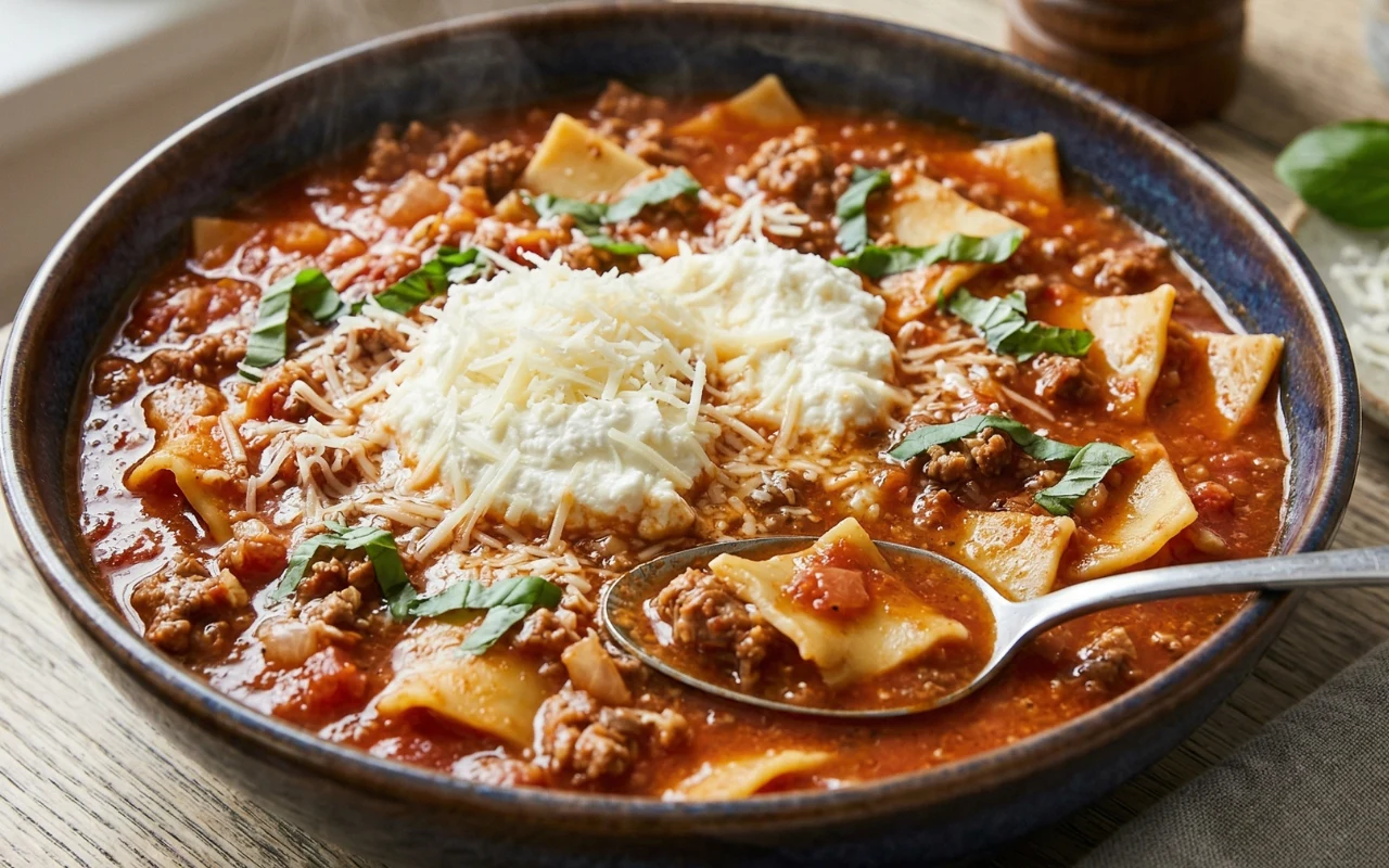 Zupa pomidorowo-mięsna z makaronem lasagne Miseczka z "lasagna soup", w której widać kawałki makaronu, mielone mięso, pomidory; na wierzchu starty ser i świeża bazylia.