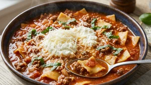 Zupa pomidorowo-mięsna z makaronem lasagne