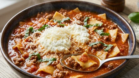 Zupa pomidorowo-mięsna z makaronem lasagne