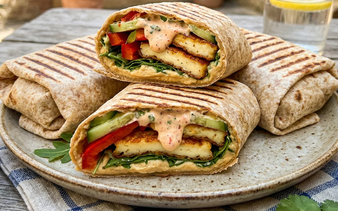 Wrapy z halloumi, hummusem i warzywami Grillowane wrapy z plastrami halloumi, ogórkiem, papryką i kremowym sosem; podane na kamionkowym talerzu.