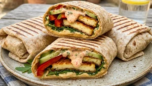 Wrapy z halloumi, hummusem i warzywami