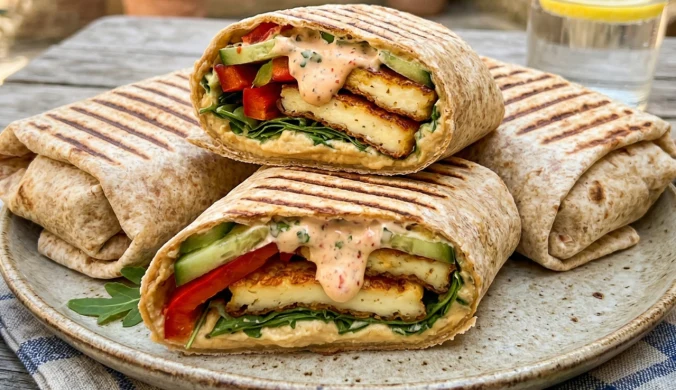 Wrapy z halloumi, hummusem i warzywami