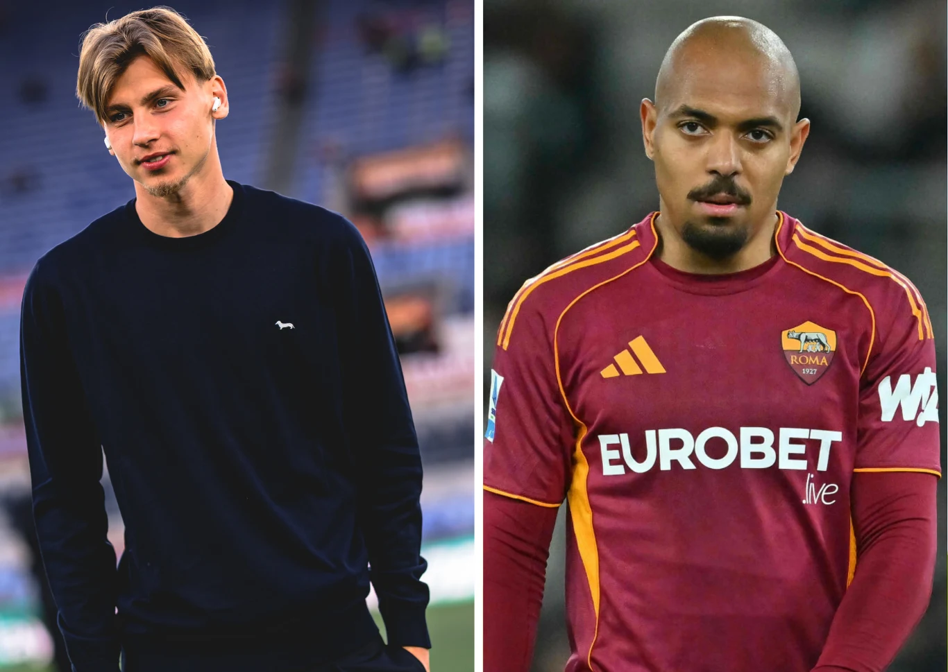 Jan Ziółkowski i Donyell Malen Jan Ziółkowski w czarnym swetrze i Donyell Malen w koszulce AS Roma na tle trybun stadionu.