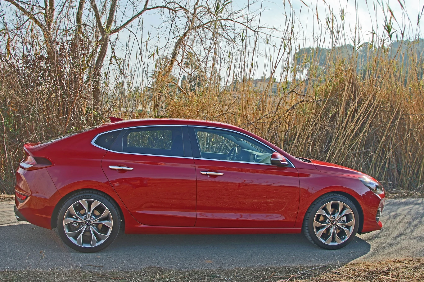Hyundai i30 Fastback czerwony samochód osobowy typu hatchback zaparkowany przy drodze, tło stanowią wysokie trawy i nagie gałęzie drzew