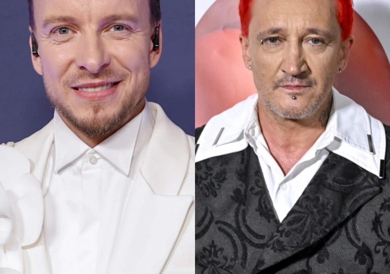 Piotr Kupicha, Michał Wiśniewski Piotr Kupicha w białej marynarce obok Michała Wiśniewskiego z czerwonymi włosami w czarnej marynarce.