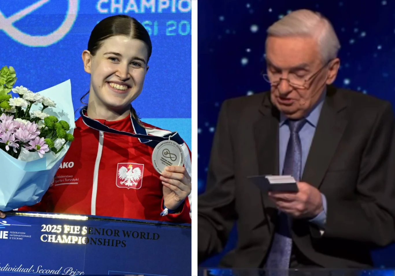 Zuzanna Cieślar usłyszała o sobie pytanie w "Jeden z dziesięciu" Zuzanna Cieślar z medalem i kwiatami podczas dekoracji na zawodach w obecności starszego mężczyzny z notatkami.