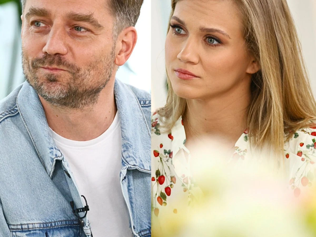 Marcin Rogacewicz, Agnieszka Kaczorowska Marcin Rogacewicz i Agnieszka Kaczorowska siedzą obok siebie, mają poważne miny, widoczne szczegóły ubioru.