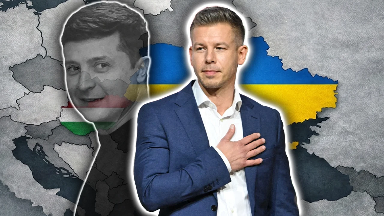 Podobieństwa Petera Magyara do Wołodymyra Zełenskiego z 2019 roku Peter Magyar w garniturze z ręką na piersi na tle mapy Europy Wschodniej i barw Ukrainy, obok sylwetka z flagą Węgier.