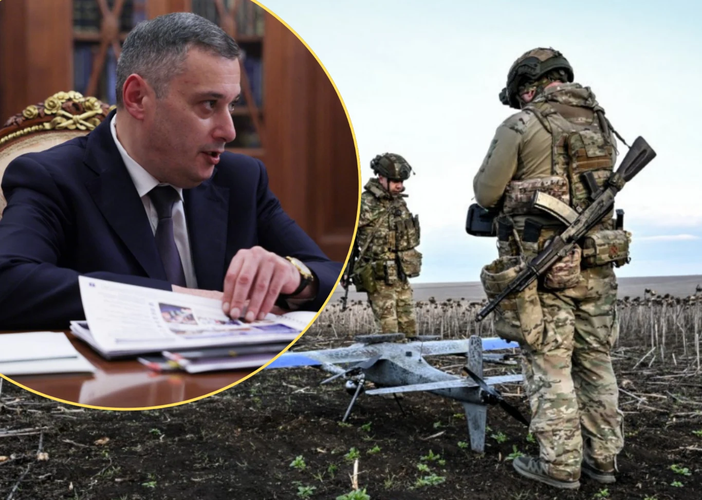 Gubernator obwodu kurskiego Aleksandr Chinsztejn oskarża Ukrainę o naruszenie rozejmu wielkanocnego Aleksandr Chinsztejn przy biurku z dokumentami, obok żołnierze przy wojskowym dronie na polu