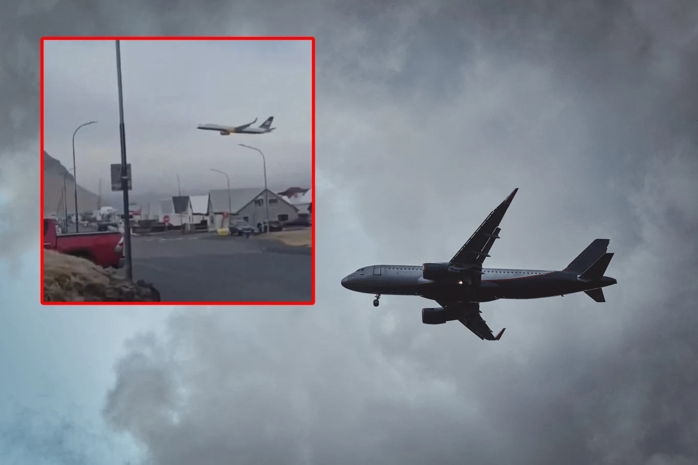 Niebezpieczny manewr Boeinga 757 Icelandair. Incydent na Islandii Boeing 757 Icelandair leci nisko nad domami na Islandii, widoczny na tle pochmurnego nieba i ulicy.