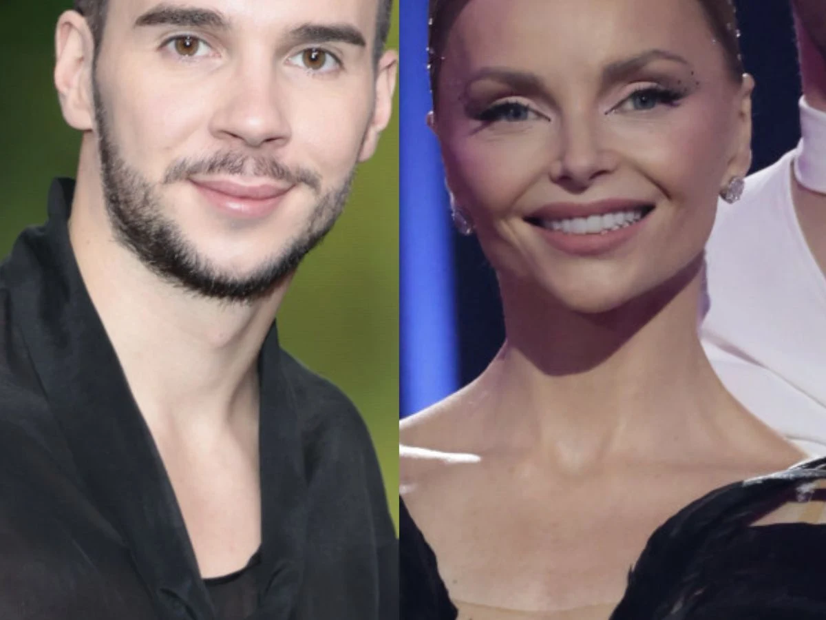 Albert Kosiński i Izabella Miko Albert Kosiński i Izabella Miko, elegancko ubrani, na tle rozmytych kolorowych świateł, zbliżenie na twarze.