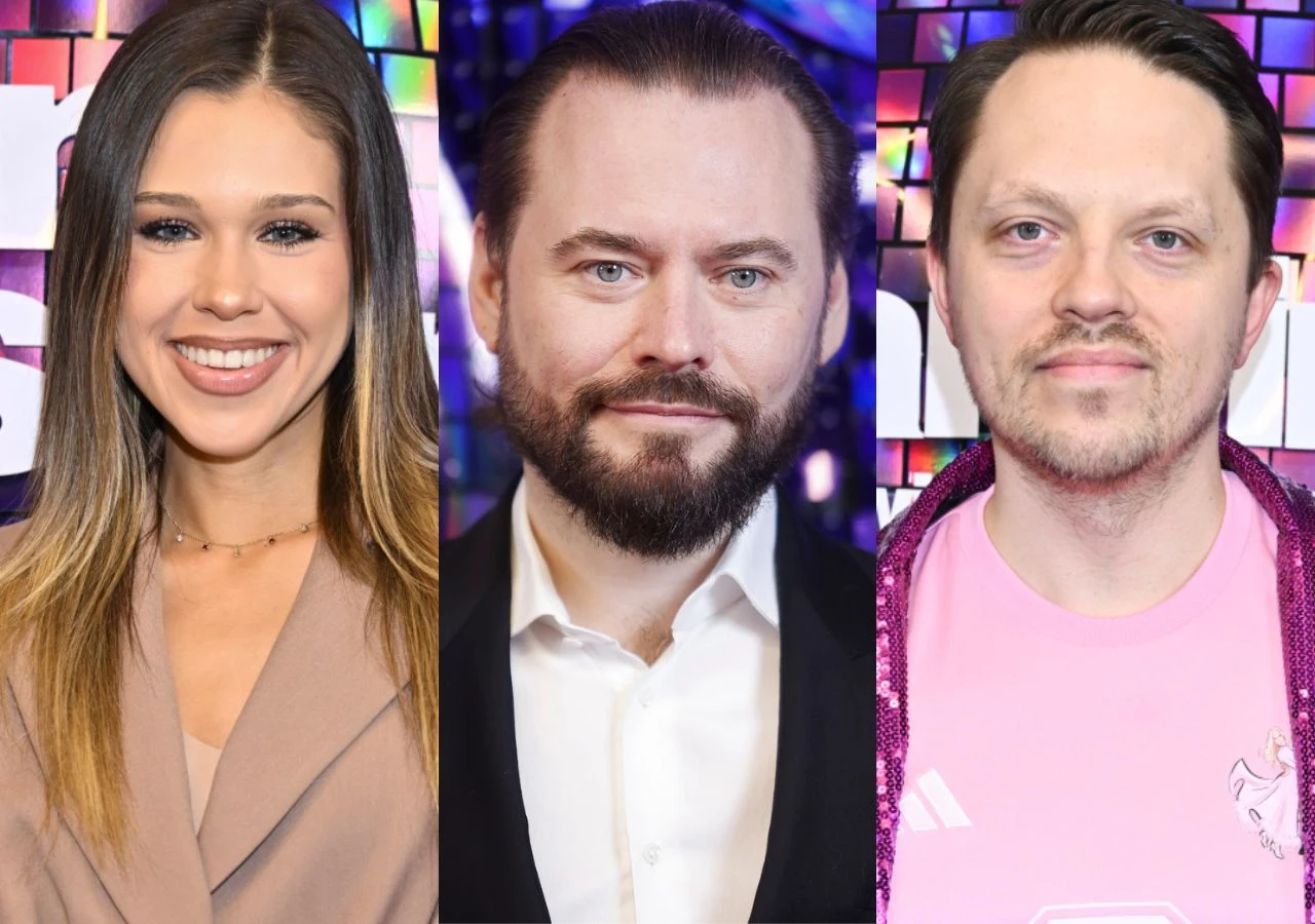 Goście w programie "Taniec z gwiazdami": Maria Jeleniewska, Krzysztof Stanowski i Michał Marszał Maria Jeleniewska, Krzysztof Stanowski i Michał Marszał na tle kolorowych, błyszczących kafelków w studiu „Tańca z gwiazdami”