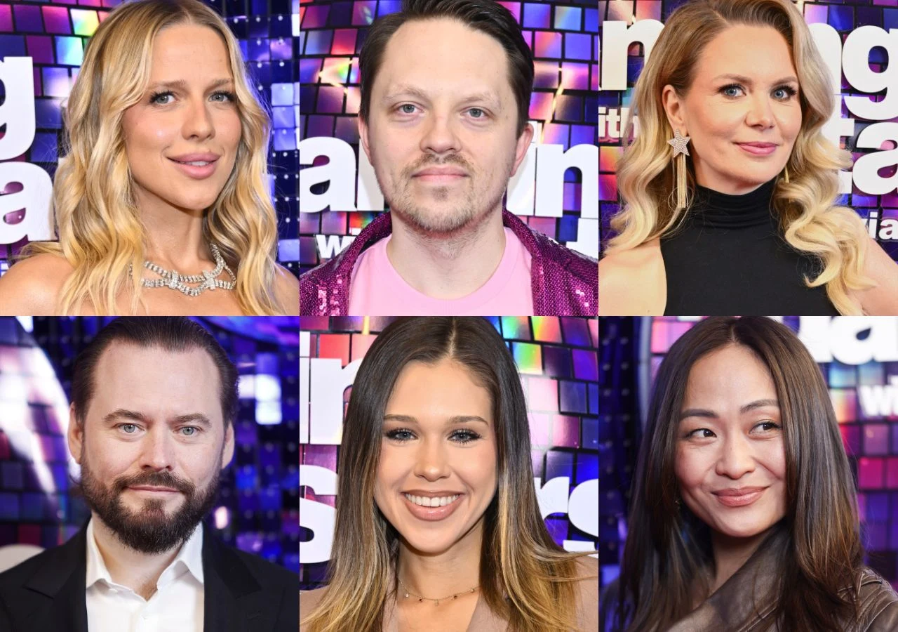 Goście w programie "Taniec z gwiazdami": Jessica Mercedes, Michał Marszał, Dorota Graczyk - Zolina, Krzysztof Stanowski, Maria Jeleniewska, Misheel Jargalsaikhan Sześć osób pozuje do portretów na tle kolorowej, błyszczącej mozaiki; każda osoba ma inną stylizację, a ich mimika jest pogodna i przyjazna.