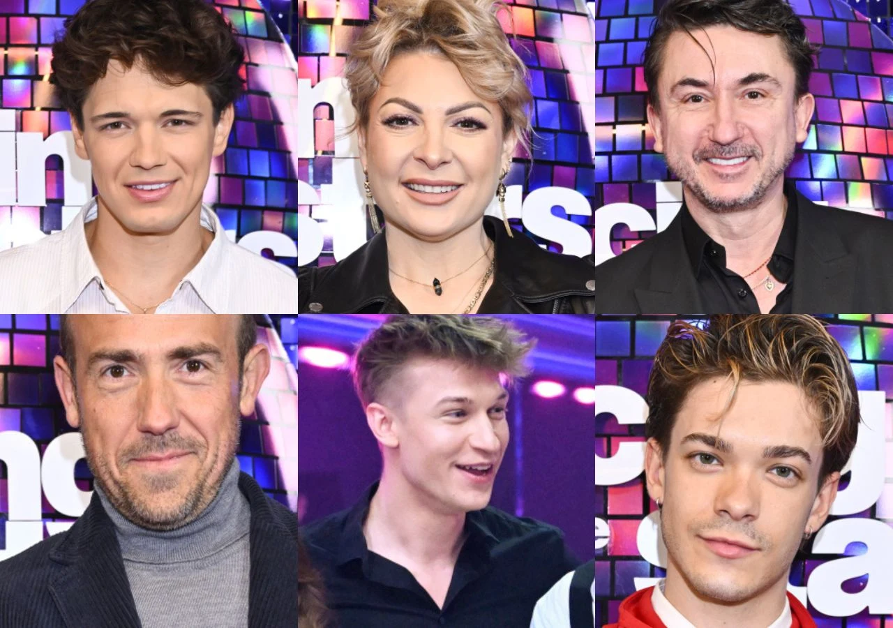 "Taniec z gwiazdami": Kamil Szymczak, Magdalena Narożna, Marcin Paprocki, Borys Budka, Piotr Charaziński, Kuba Szmajkowski Sześć uśmiechniętych osób ustawionych w dwóch rzędach na tle kolorowej, mozaikowej ściany z białymi literami tworzącymi napis, każda twarz dobrze oświetlona i wyeksponowana, osoby w różnym wieku i stylu ubioru, dominuje klimat telewizyjnego show.