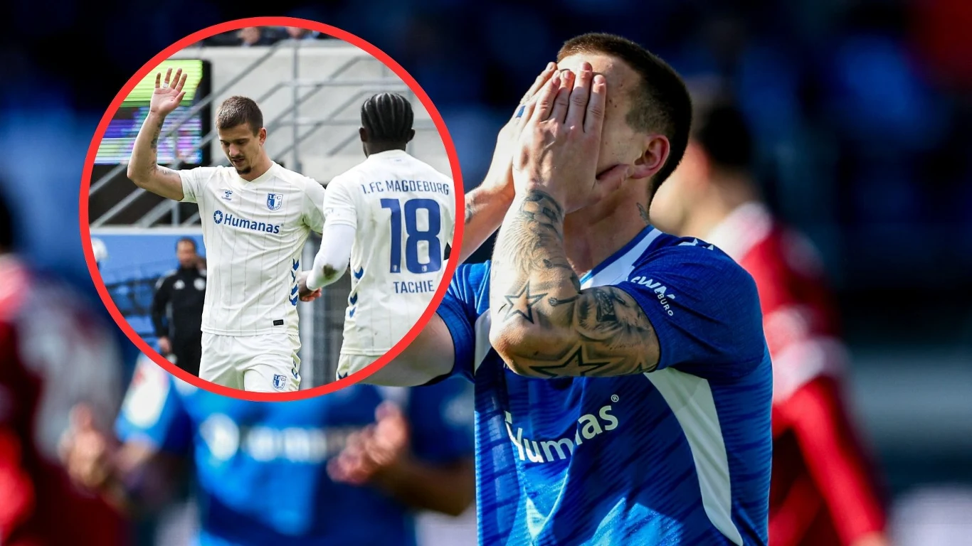 Mateusz Żukowski w 1.FC Magdeburg piłkarz w niebieskiej koszulce zakrywający twarz rękami w geście rozczarowania, w okrągłym kadrze scena z dwoma zawodnikami w białych strojach, z których jeden podnosi rękę, drugi odwrócony tyłem