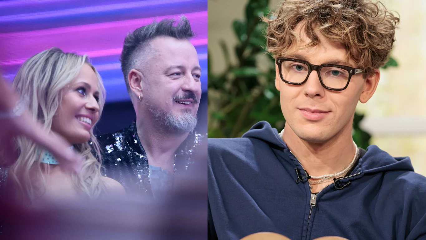 Magda Tarnowska, Piotr Kędzierwski i Mikołaj "Bagi" Bagiński. Magda Tarnowska i Piotr Kędzierski elegancko ubrani na tle fioletowych świateł, obok Mikołaj Bagiński w okularach.