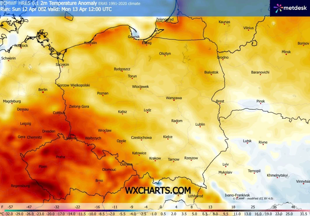 Najcieplejszym rejonem w poniedziałek będzie południowo-zachodnia Polska - wynika z prognoz IMGW Mapa Polski z zaznaczonymi odchyleniami temperatury powietrza, gdzie południowo-zachodnia część kraju charakteryzuje się wyraźnie wyższymi wartościami anomalii, a centralna i północno-wschodnia część kraju przedstawia łagodniejsze odchylenia.