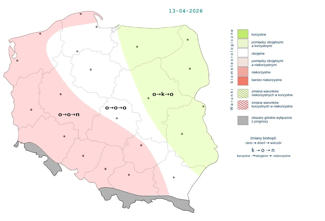 mapa Polski z podziałem na strefy biofizjograficzne, gdzie wschodnia część kraju oznaczona jest kolorem zielonym jako korzystna dla zabiegów rolniczych, zachodnia i południowo-zachodnia część w kolorze różowym wskazuje na niekorzystne warunki, a centra...