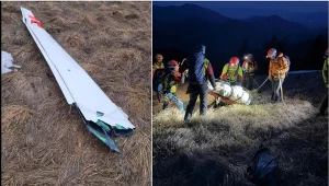 Skrzydło szybowca na zboczu góry i akcja ratunkowa HZS