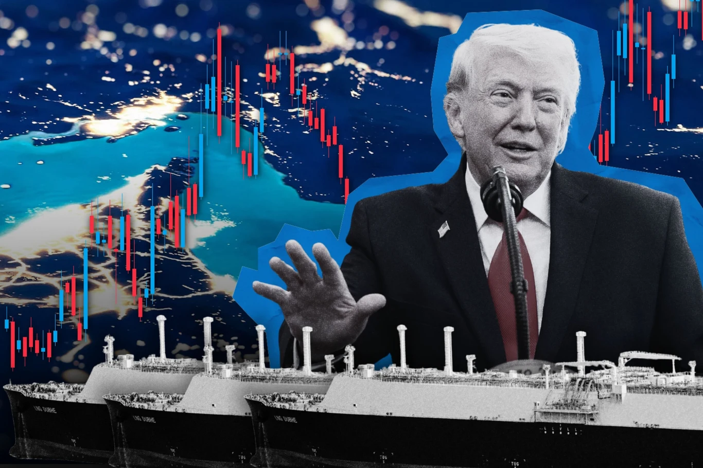 Donald Trump chce całkowitej morskiej blokady cieśniny Ormuz. Grafika: Lidia Ławecka Donald Trump przemawia, w tle statki towarowe, wykresy giełdowe i mapa świata symbolizujące handel.