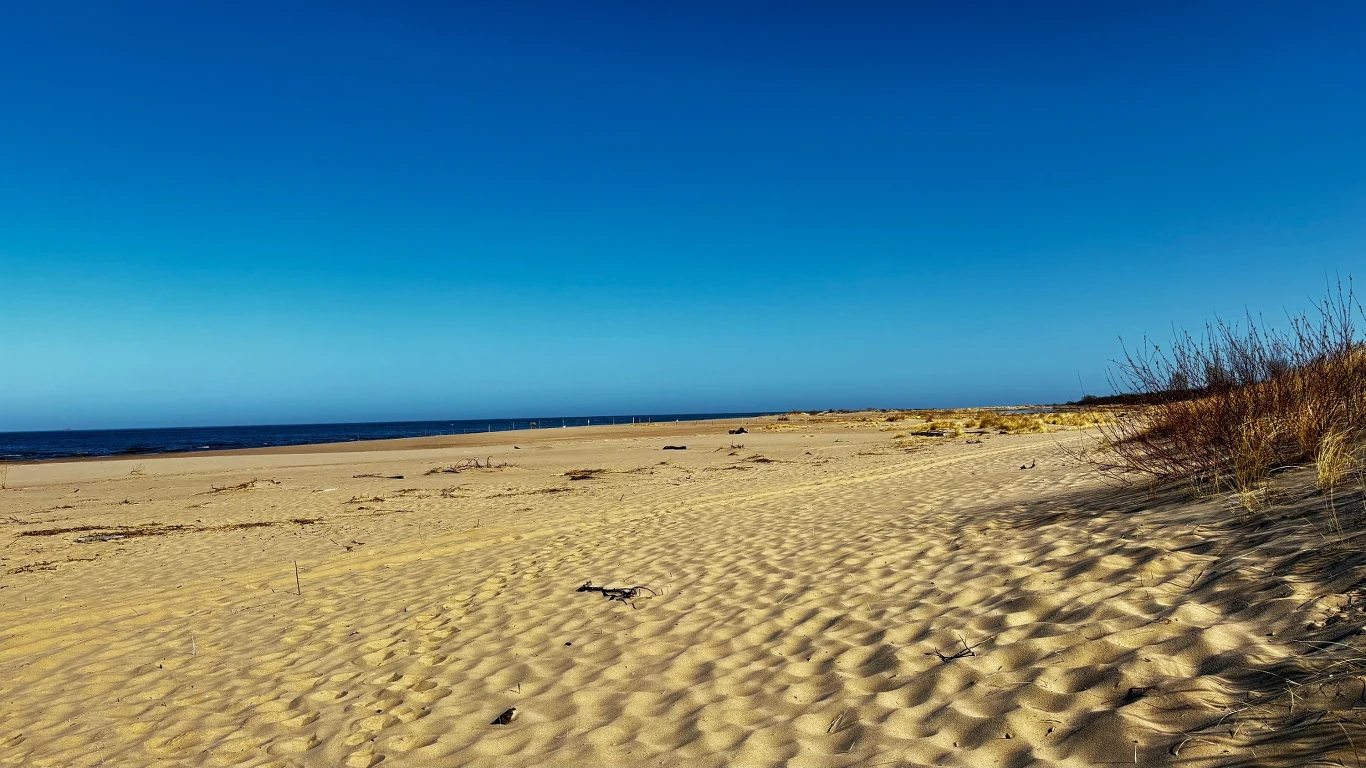 szeroka, piaszczysta plaża z drobnymi śladami na piasku, porośnięta rzadkimi kępami suchych traw po prawej stronie, w tle spokojne morze oraz jasnobłękitne niebo bez chmur