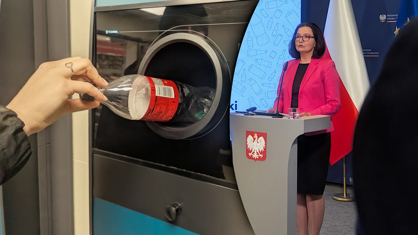 "Nie czuję się dziadem" - odpowiada na krytykę systemu kaucyjnego wiceministra Anita Sowińska Wiceministra Anita Sowińska przy mównicy z godłem Polski i flagą, obok automat do butelek PET.