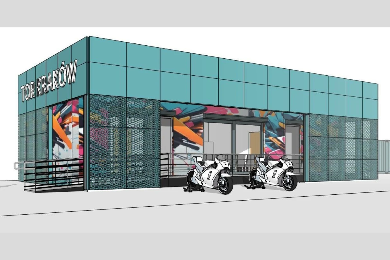 nowoczesny budynek z błękitną elewacją ozdobioną kolorowym, abstrakcyjnym muralem, przed wejściem stoją dwa sportowe motocykle, na ścianie widoczny napis TOR KRAKÓW