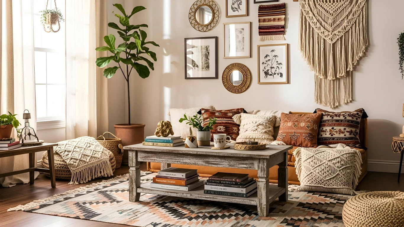 jasny salon urządzony w stylu boho z drewnianym stolikiem kawowym, ozdobnymi poduszkami i kocami, dużą rośliną doniczkową, ścianą udekorowaną obrazami, lustrami i makramą oraz dywanem o geometrycznym wzorze