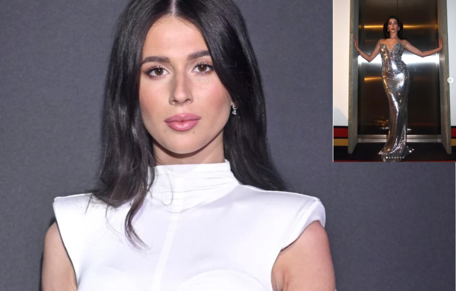 Kobieta o długich, ciemnych włosach i delikatnym makijażu pozuje w eleganckiej, białej sukience bez rękawów na tle ściany, a w prawym górnym rogu umieszczono mniejsze zdjęcie tej samej kobiety w srebrnej, błyszczącej, dopasowanej sukni stojącej w drzwi...